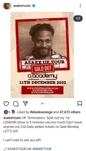 Asake Sells Out O2 Academy Tickets In 5 minutes; Crashes Site