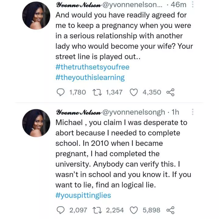 Actress, Yvonne Nelson is not yet done with her rebuke of Sarkodie's diss song.In follow up tweets this morning, the Ghanian actress is still blaming the rapper for having an abortion, claiming Sarkodie would not have agreed to keep the baby as he was in a serious relationship with a woman who he later married.She also denied aborting the baby because she needed to finish school .In her tweet, Yvonne said in 2010 when she was pregnant, she had finished the University... Although in her book she clearly stated she was in her final year in 2010... Also as at 2010 Sarkodie was already a big artiste in Ghana and had won the Ghanaian artiste of the year, so her claim of him 'struggling' and having no car at the point is not factual.